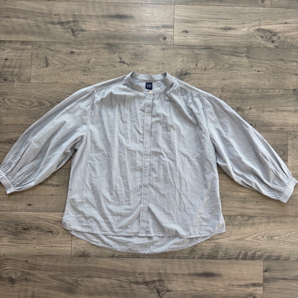 Gap Womens Blue White Pinstripe Band Collar Bishop Sleeve Cotton Blouse L Tall